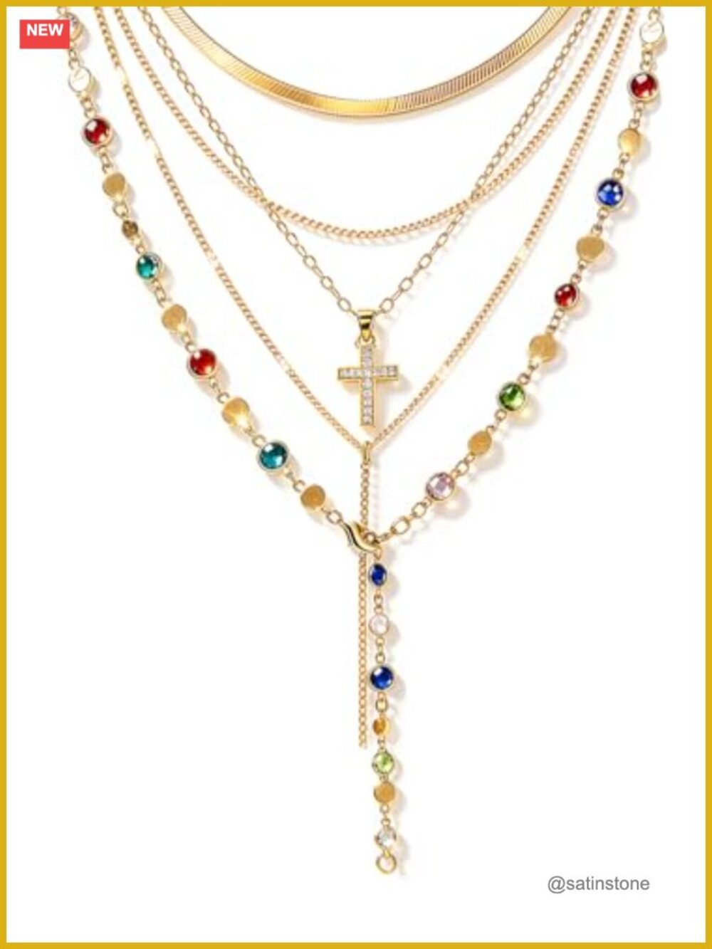 5pc 14k Gold Plated Cross Pendant Necklace Set Layered Y Chain Boho Gift